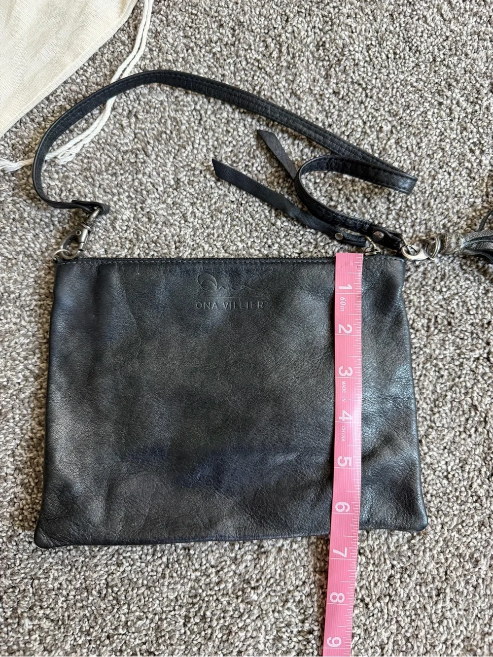 Ona Villier Black Leather Crossbody Clutch Purse w Tassel & Dust Bag